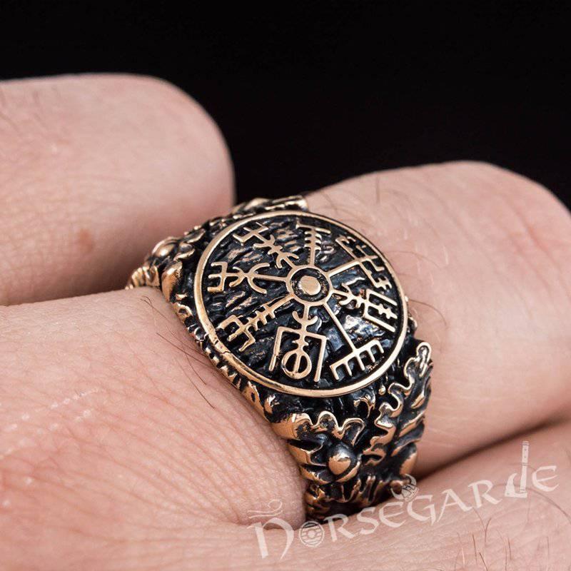 Handcrafted Vegvisir Rune Oak Leaves Ring - Bronze - Norsegarde
