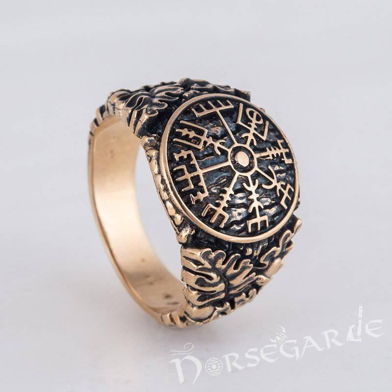 Handcrafted Vegvisir Rune Oak Leaves Ring - Bronze - Norsegarde