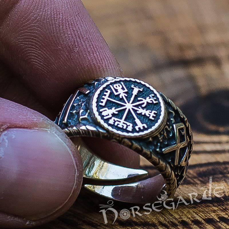 Handcrafted Vegvisir Runic Signet Ring - Sterling Silver - Norsegarde