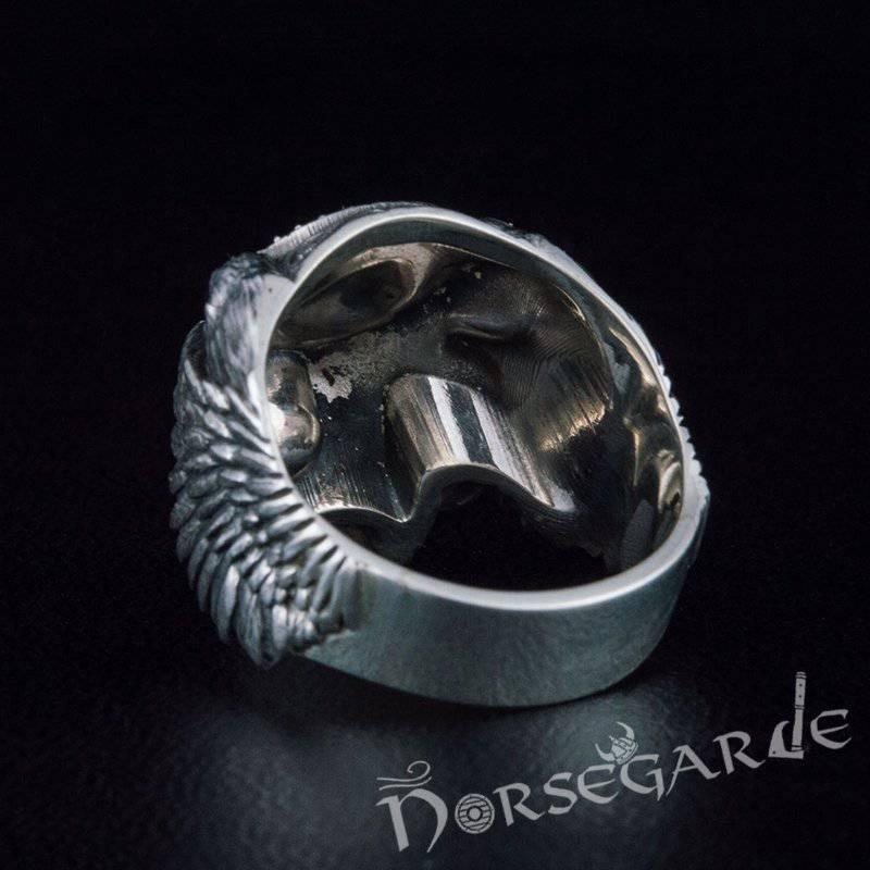 Handcrafted Vegvisir Skull and Ravens Ring - Sterling Silver - Norsegarde