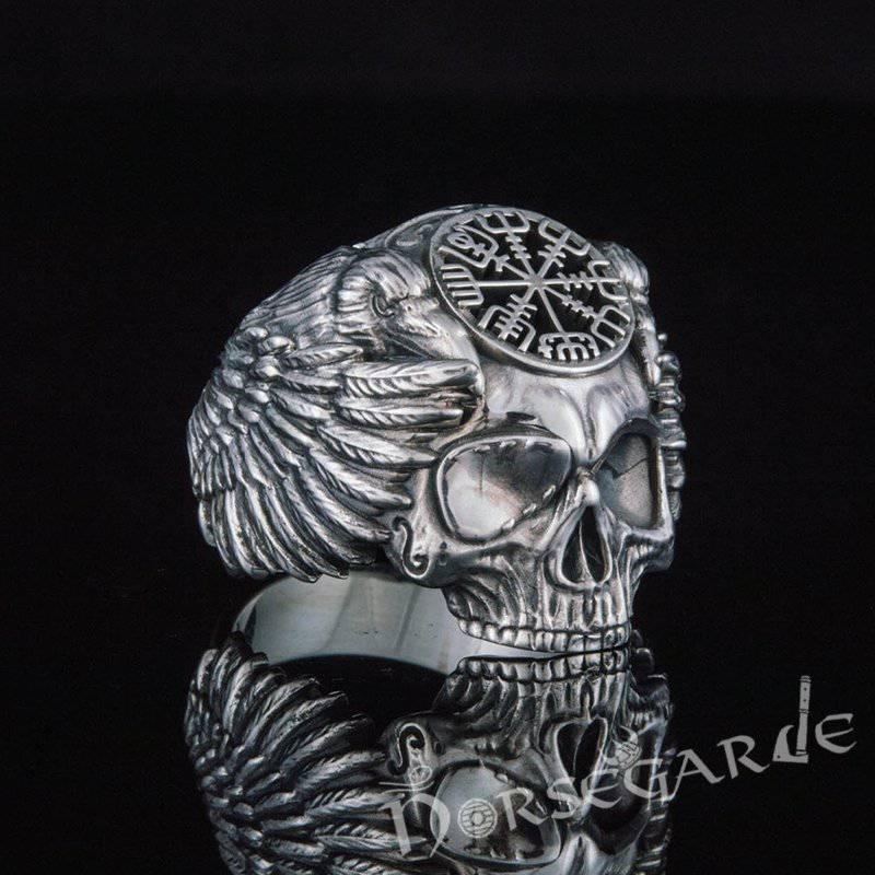 Handcrafted Vegvisir Skull and Ravens Ring - Sterling Silver - Norsegarde
