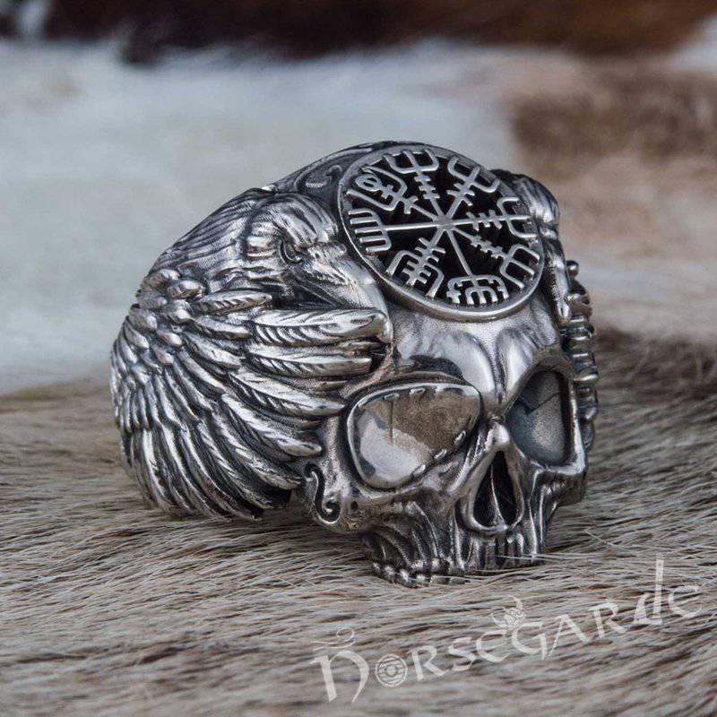 Handcrafted Vegvisir Skull and Ravens Ring - Sterling Silver - Norsegarde