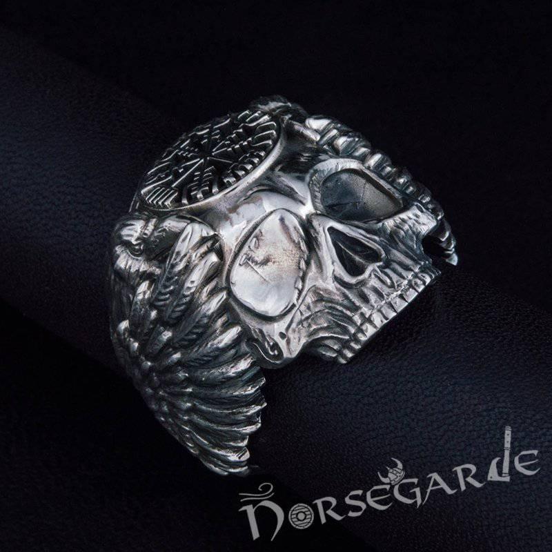 Handcrafted Vegvisir Skull and Ravens Ring - Sterling Silver - Norsegarde