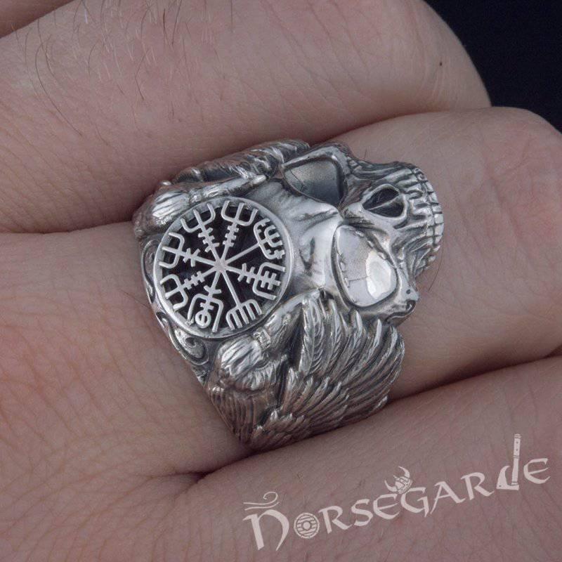 Handcrafted Vegvisir Skull and Ravens Ring - Sterling Silver - Norsegarde