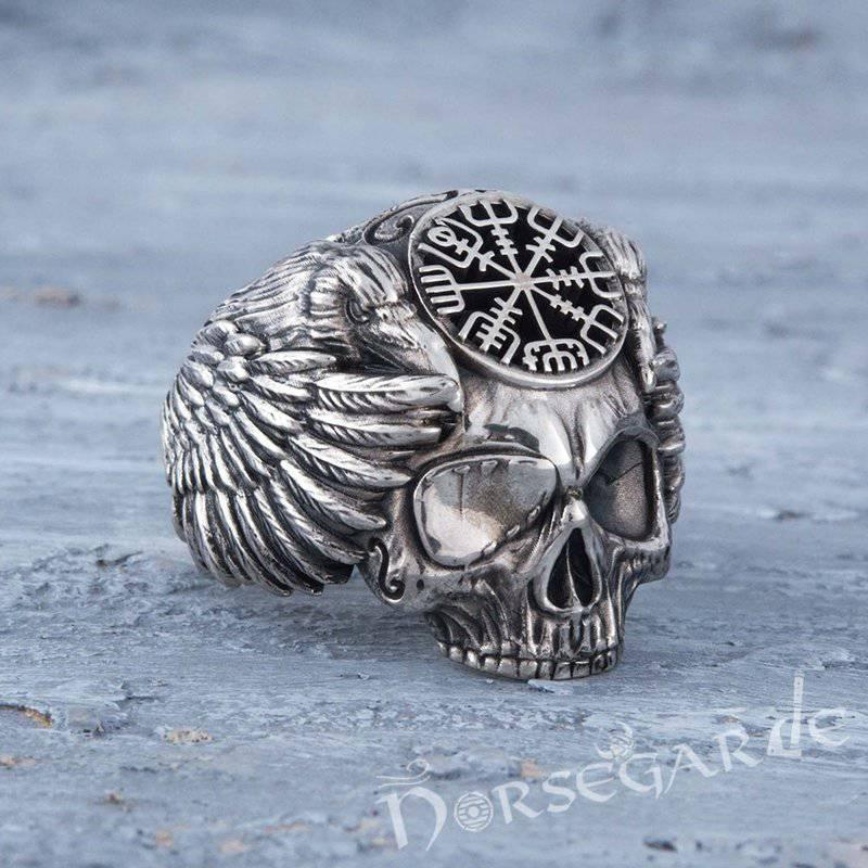 Handcrafted Vegvisir Skull and Ravens Ring - Sterling Silver - Norsegarde
