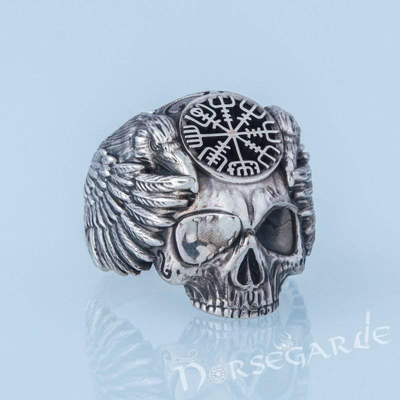Handcrafted Vegvisir Skull and Ravens Ring - Sterling Silver - Norsegarde