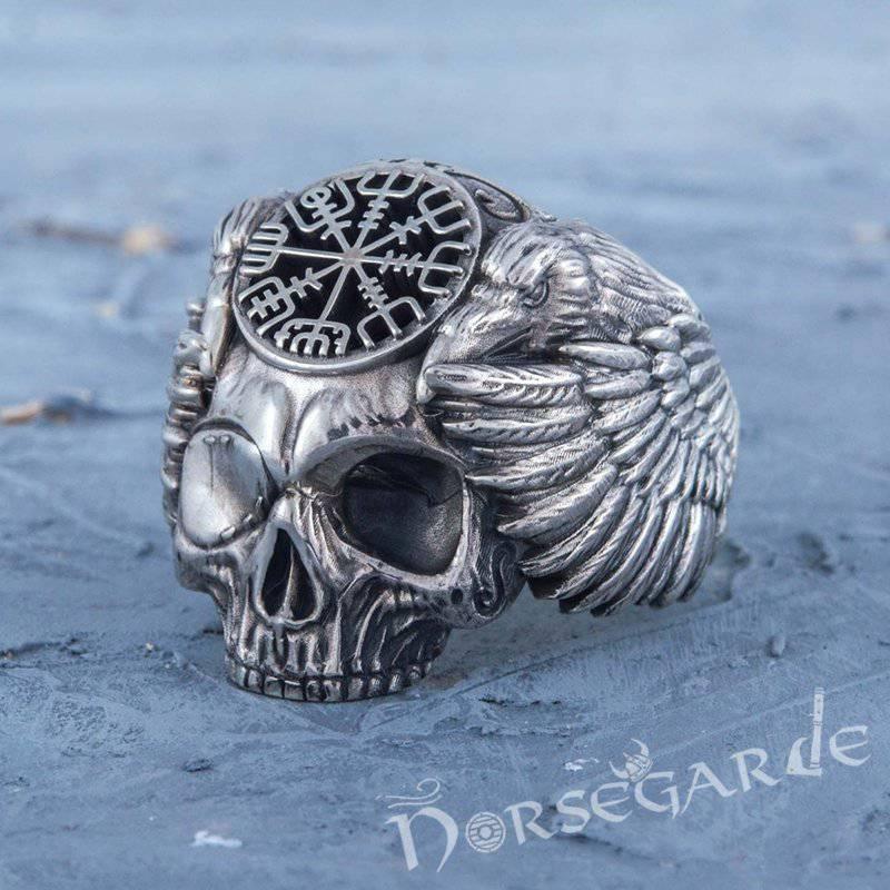 Handcrafted Vegvisir Skull and Ravens Ring - Sterling Silver - Norsegarde