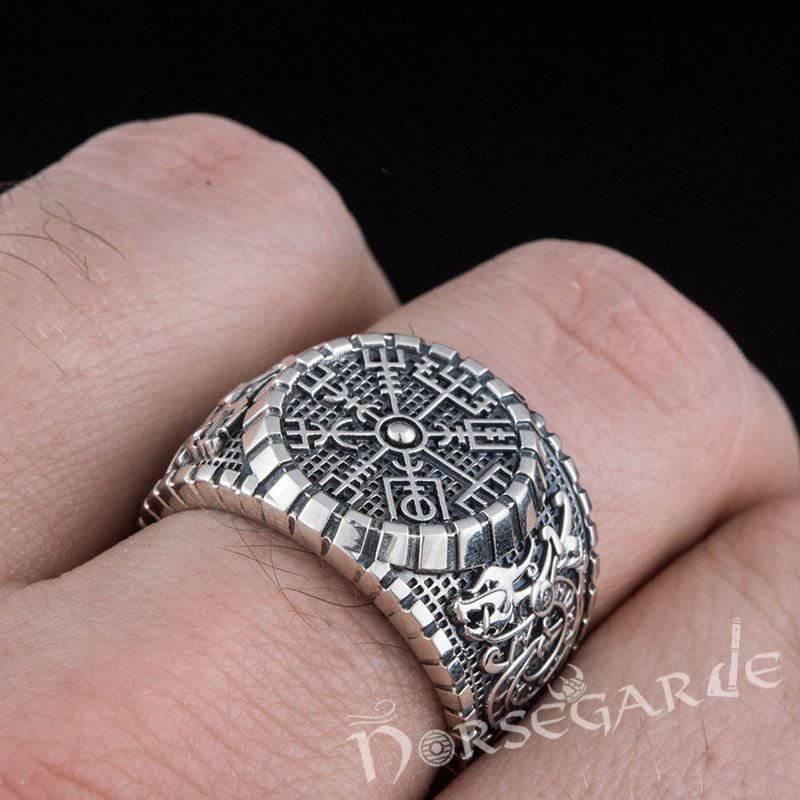 Handcrafted Vegvisir Viking Ornament Signet Ring - Sterling Silver - Norsegarde