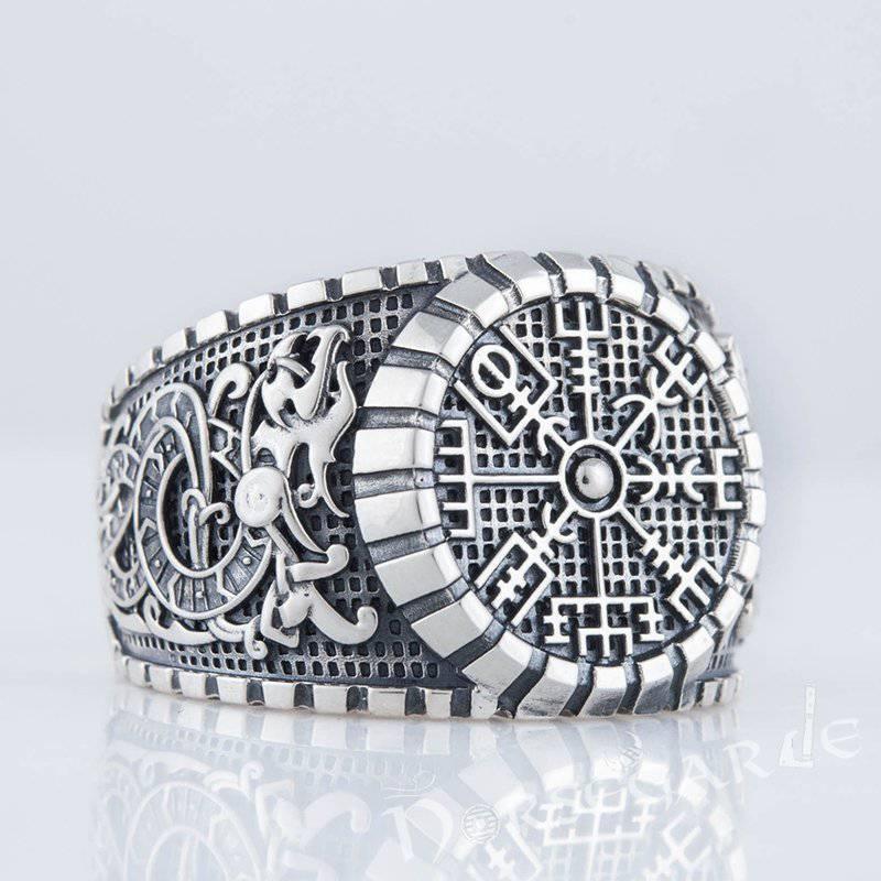 Handcrafted Vegvisir Viking Ornament Signet Ring - Sterling Silver - Norsegarde