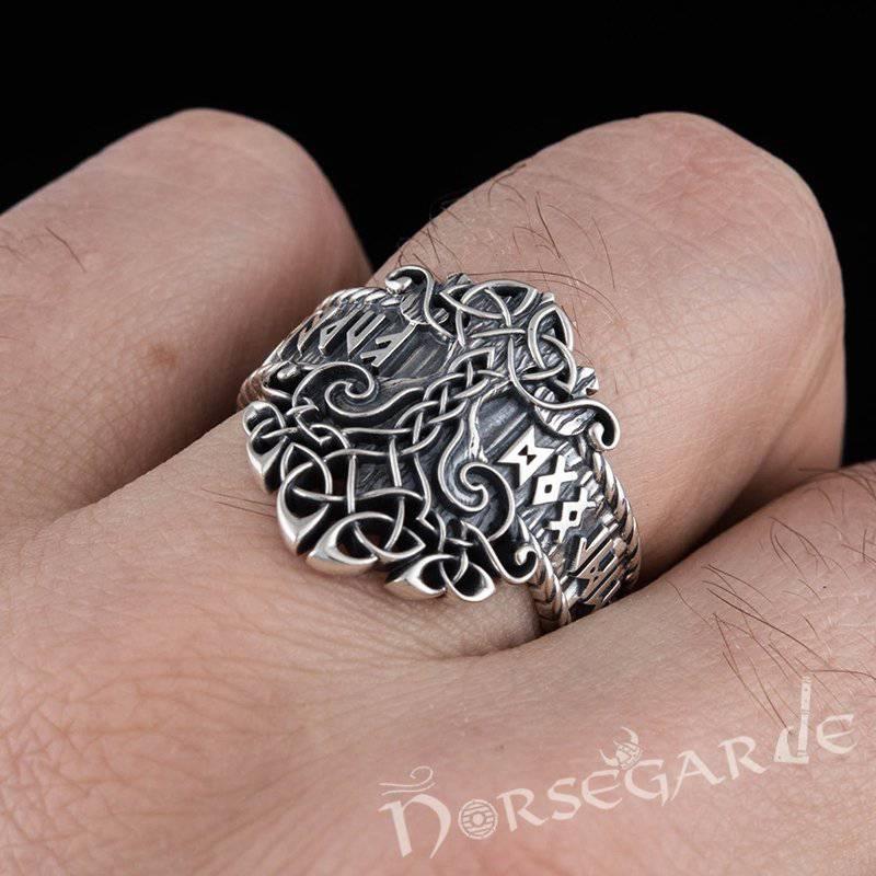 Handcrafted Yggdrasil and Runic Circle Ring - Sterling Silver - Norsegarde