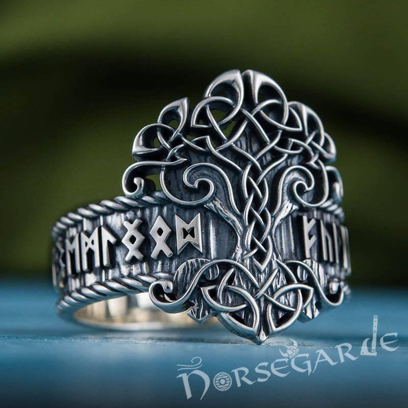 Handcrafted Yggdrasil and Runic Circle Ring - Sterling Silver - Norsegarde