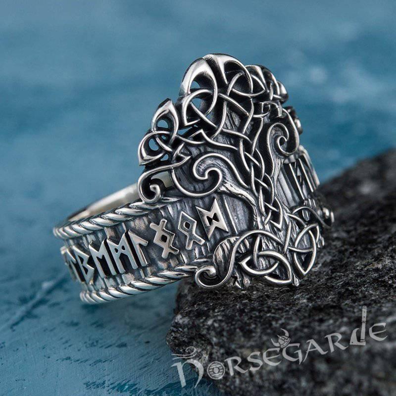 Handcrafted Yggdrasil and Runic Circle Ring - Sterling Silver - Norsegarde