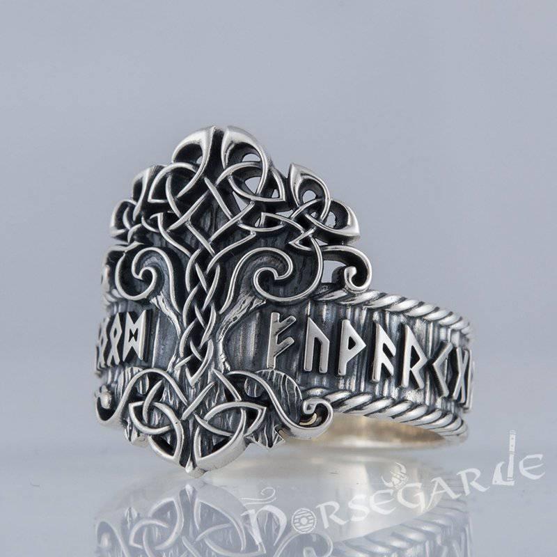 Handcrafted Yggdrasil and Runic Circle Ring - Sterling Silver - Norsegarde