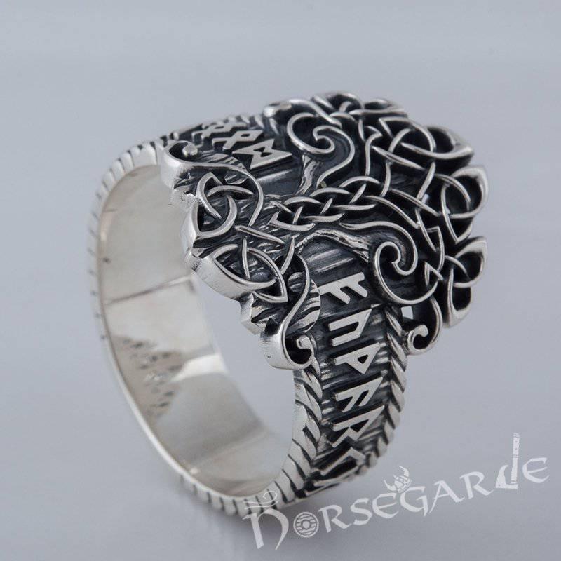 Handcrafted Yggdrasil and Runic Circle Ring - Sterling Silver - Norsegarde