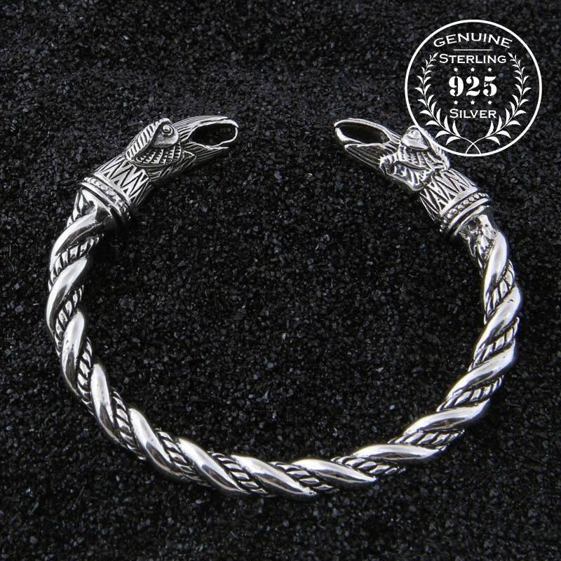 Hugin and Munin Raven Torc Bracelet - Sterling Silver - Norsegarde