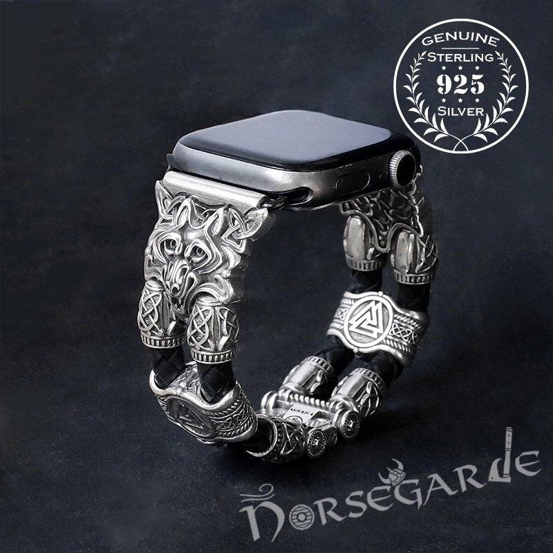 A Sterling Silver wristband designed for smart watches, featuring Norse wolf motifs and runic symbols on a dark background.