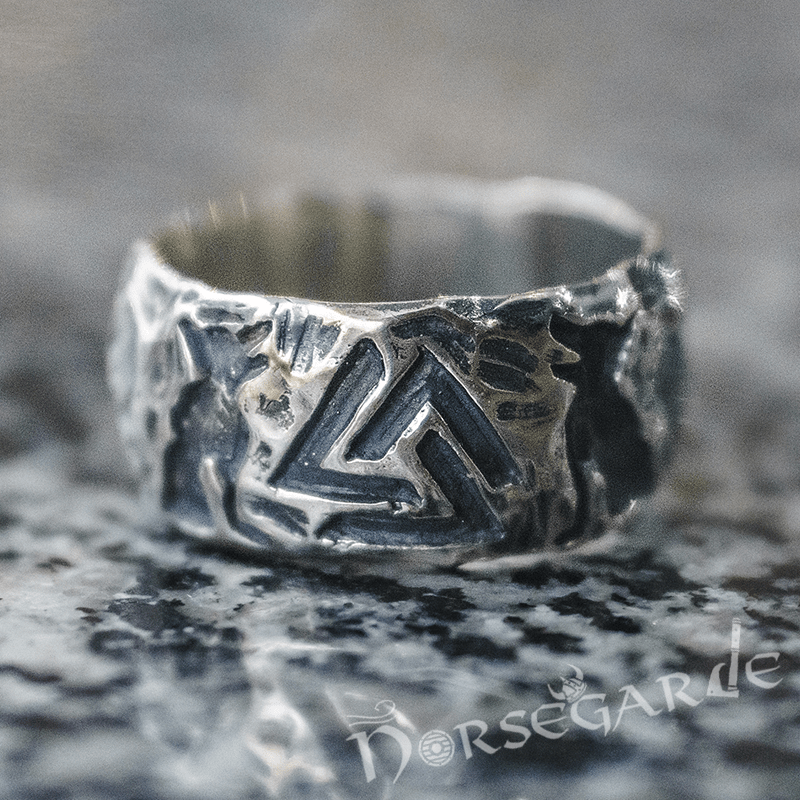 Handcrafted Wolves and Valknut Band - Sterling Silver - Norsegarde
