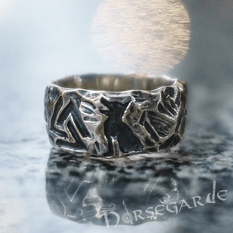 Handcrafted Wolves and Valknut Band - Sterling Silver - Norsegarde