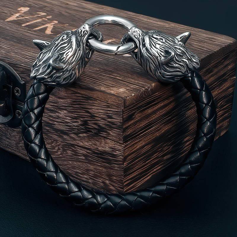 Odin's Wolves Leather Bracelet - Stainless Steel - Norsegarde