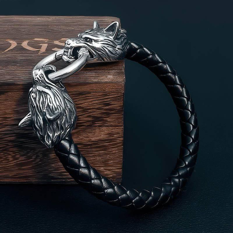 Odin's Wolves Leather Bracelet - Stainless Steel - Norsegarde