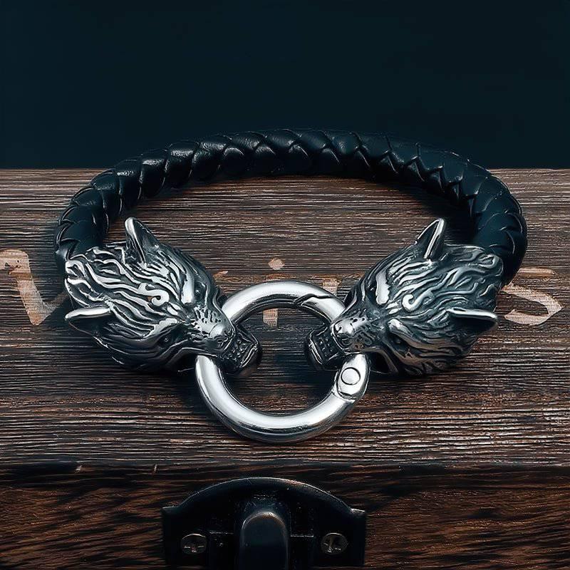 Odin's Wolves Leather Bracelet - Stainless Steel - Norsegarde