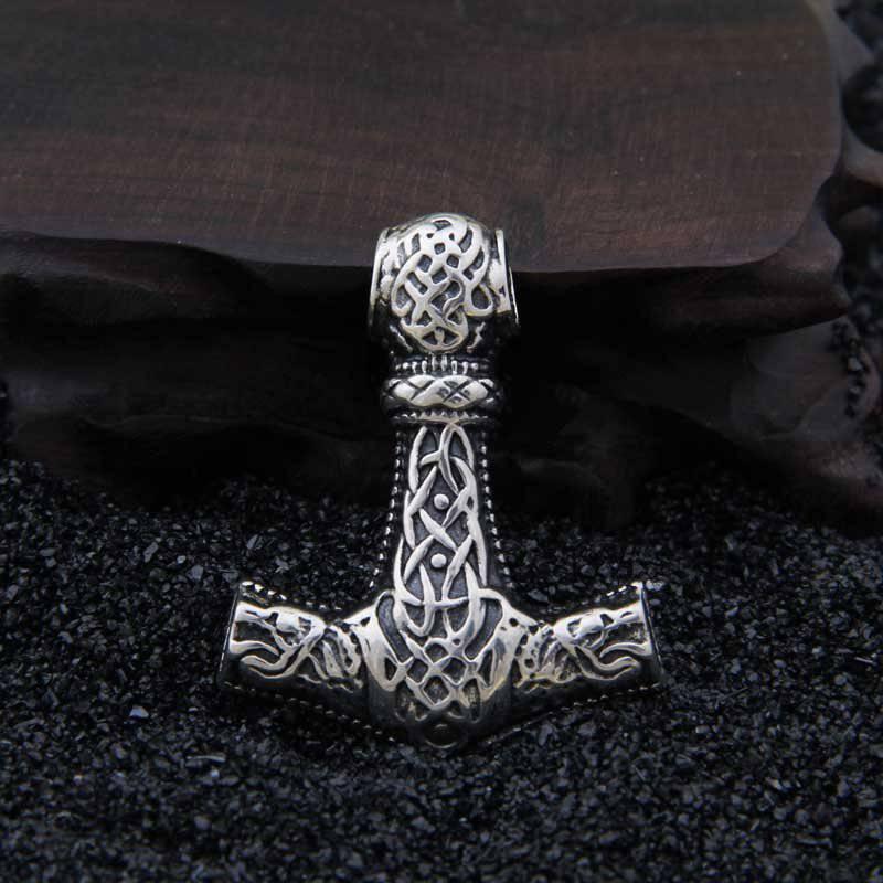 Ornamental Mjölnir with Wolf Heads - Sterling Silver - Norsegarde