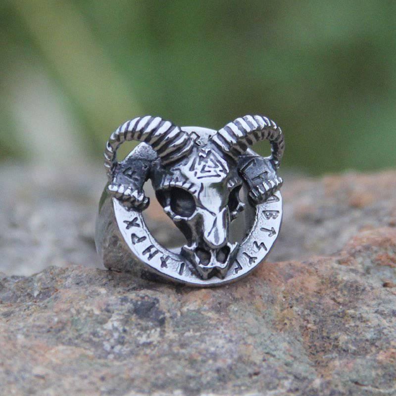 Ram Skull Runic Ring - Stainless Steel - Norsegarde