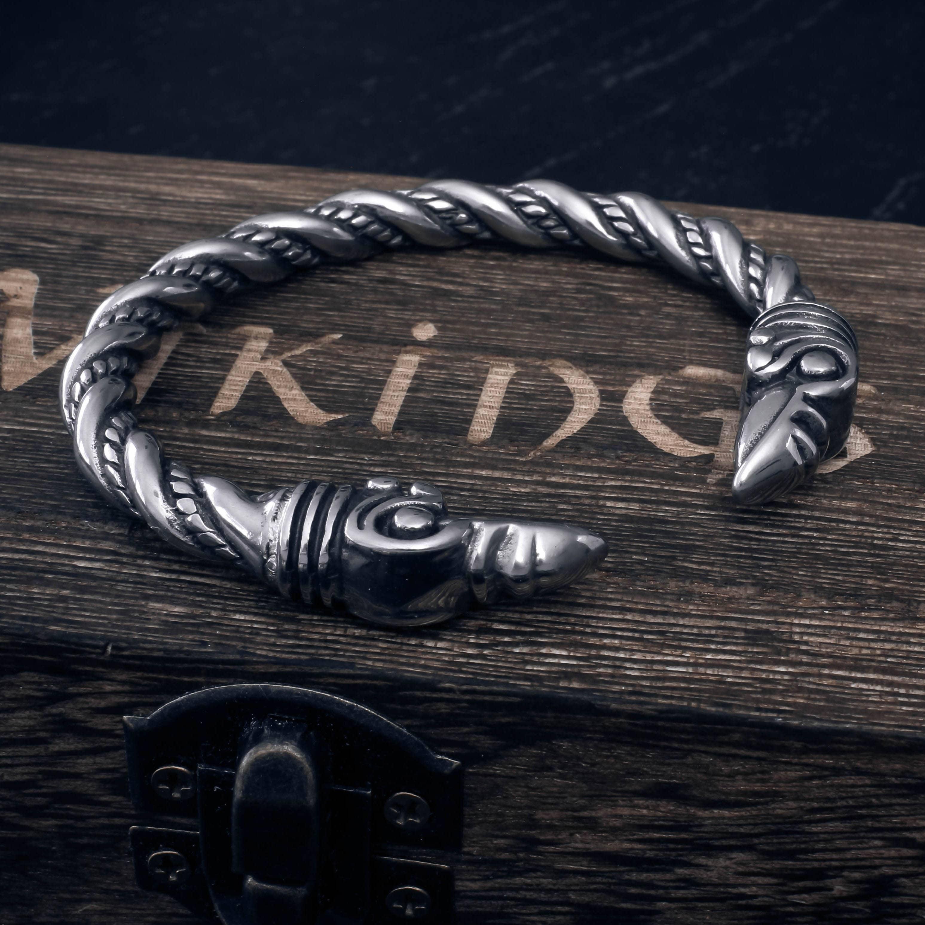 Raven Head Torc Bracelet - Sterling Silver - Norsegarde