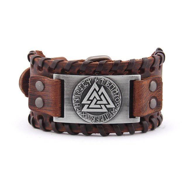Runic Valknut Leather Wrap Bracelet - Norsegarde