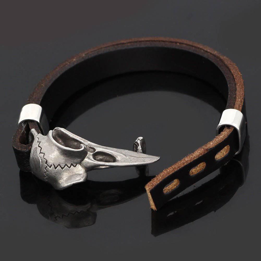 Rustic Raven Skull Leather Bracelet - Stainless Steel - Norsegarde