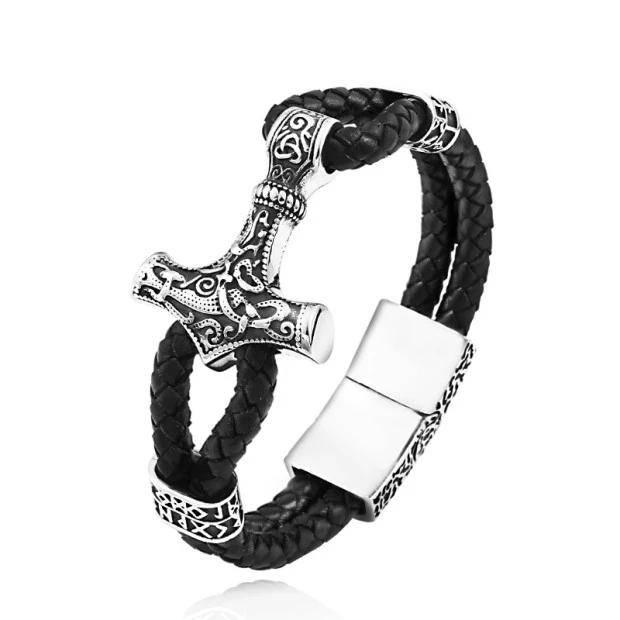 Thor's Hammer Leather Bracelet - Stainless Steel - Norsegarde
