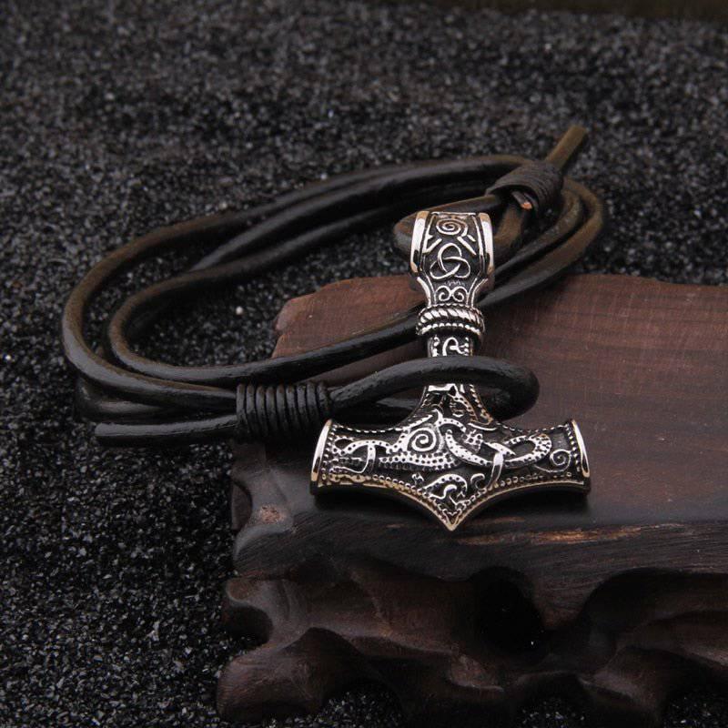 Thor's Hammer Leather Rope Bracelet - Stainless Steel - Norsegarde