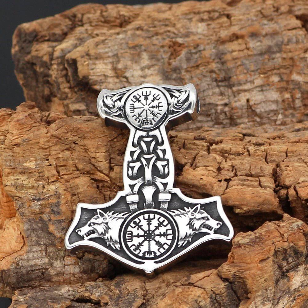 Thor's Hammer with Odin's Wolves - Stainless Steel - Norsegarde