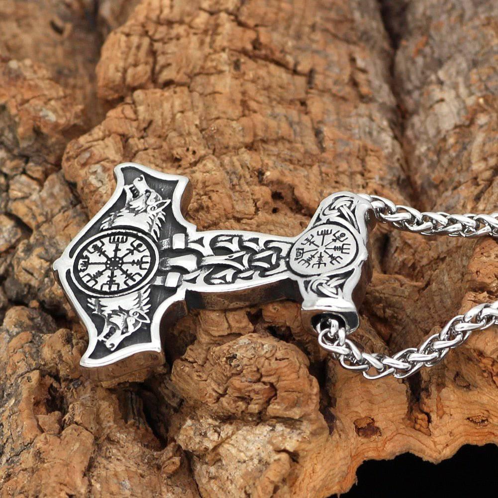 Thor's Hammer with Odin's Wolves - Stainless Steel - Norsegarde