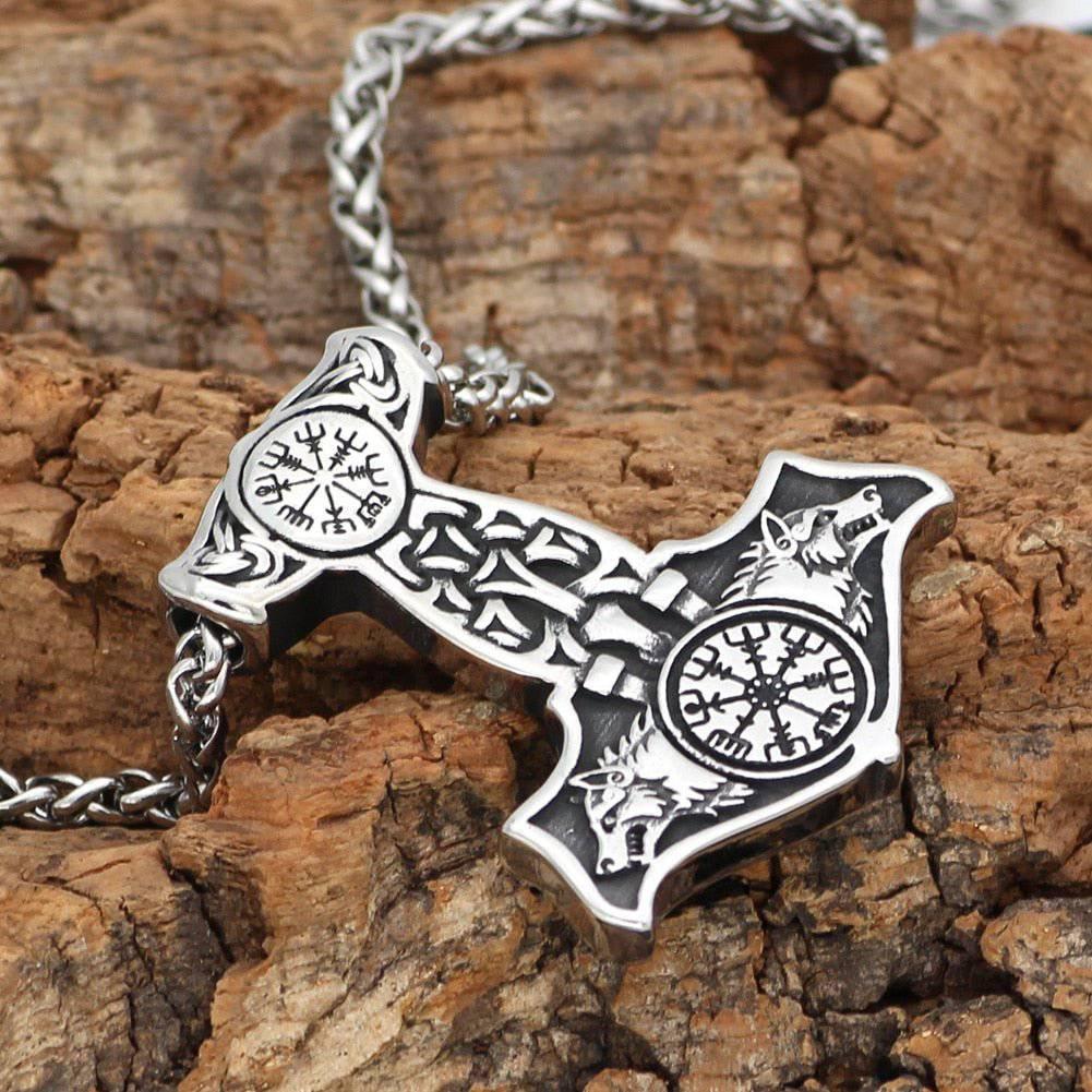Thor's Hammer with Odin's Wolves - Stainless Steel - Norsegarde