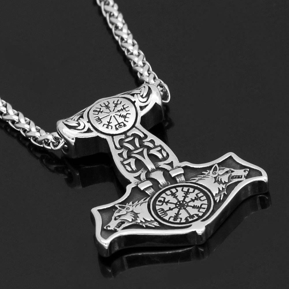 Thor's Hammer with Odin's Wolves - Stainless Steel - Norsegarde