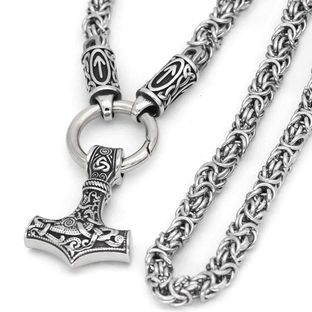 Tyr's Runed King's Chain with Mjölnir - Stainless Steel - Norsegarde