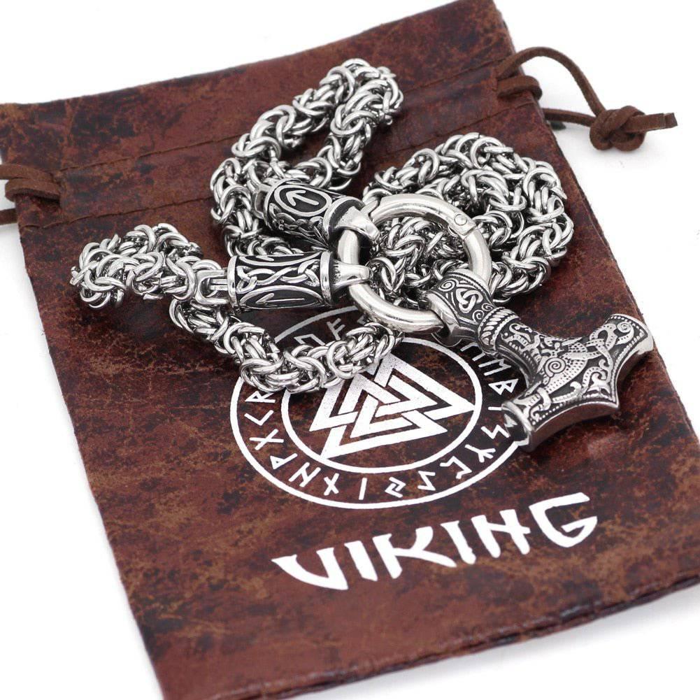 Tyr's Runed King's Chain with Mjölnir - Stainless Steel - Norsegarde