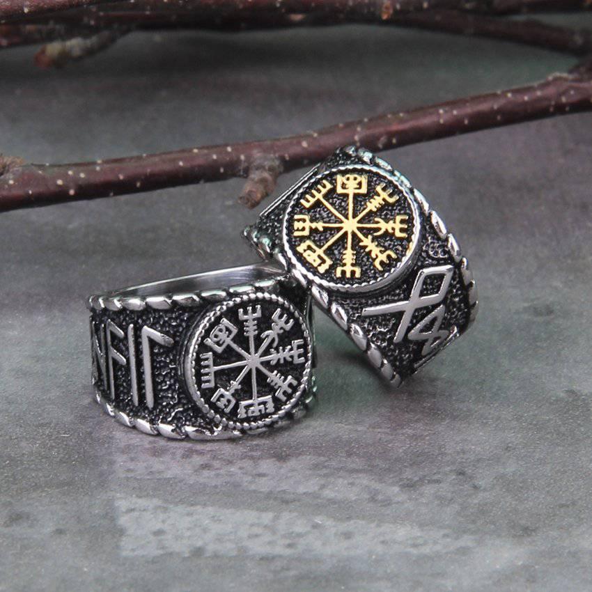 Vegvisir Elder Runes Signet Ring - Stainless Steel - Norsegarde