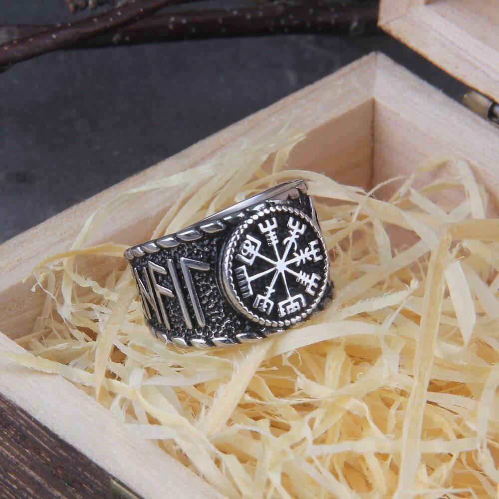 Vegvisir Elder Runes Signet Ring - Stainless Steel - Norsegarde