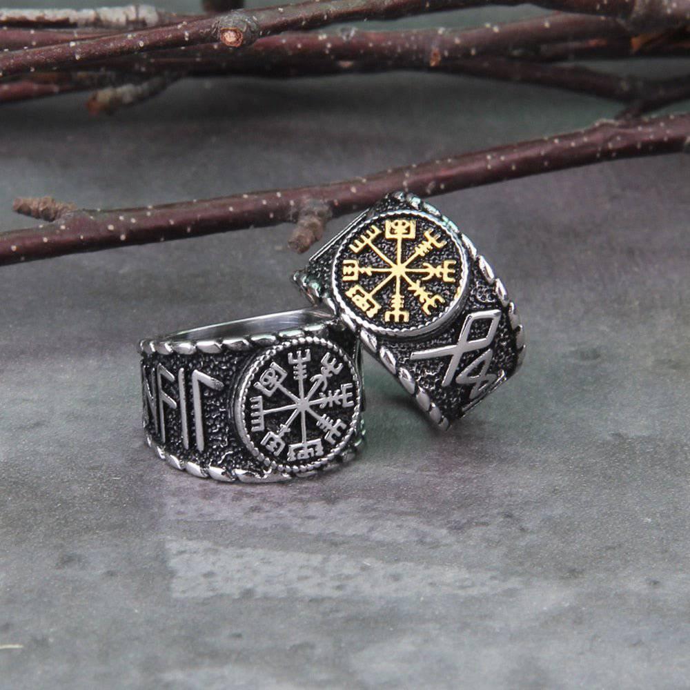 Vegvisir Elder Runes Signet Ring - Stainless Steel - Norsegarde