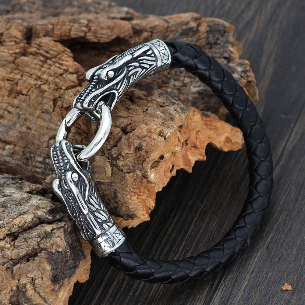 Viking Dragon Leather Bracelet - Stainless Steel - Norsegarde
