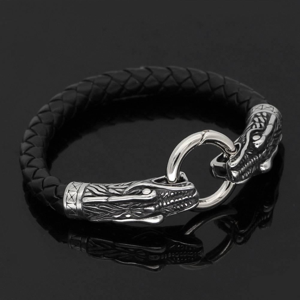 Viking Dragon Leather Bracelet - Stainless Steel - Norsegarde