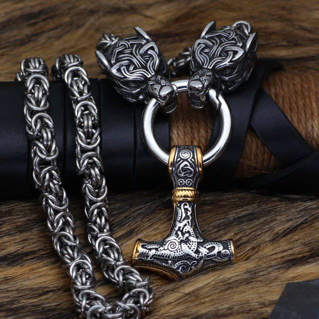Celtic Wolf King\'s Chain - Heavy Viking Necklace with Mjolnir | Norsegarde | Kettenanhänger