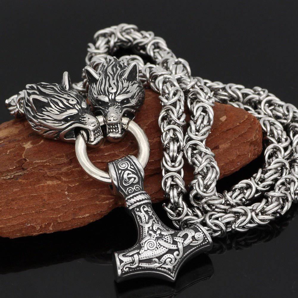 Flongo Collana vichinga Wolf Medallion: Wolf Wolfkopf Odin Warrior Thors Hammer Serpente collana argento acciaio inossidabile uomo donna catena bizantina con ciondolo a forma di lupo Flongo Collana vichinga Wolf Medallion: Wolf Wolfkopf Odin Warrior Thors Hammer Serpente collana argento acciaio inossidabile uomo donna catena bizantina con ciondolo a forma di lupo