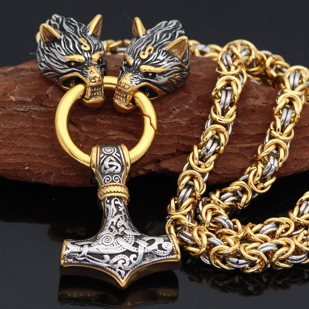 Viking Wolf King's Chain & Mjolnir - Norse Golden Necklace