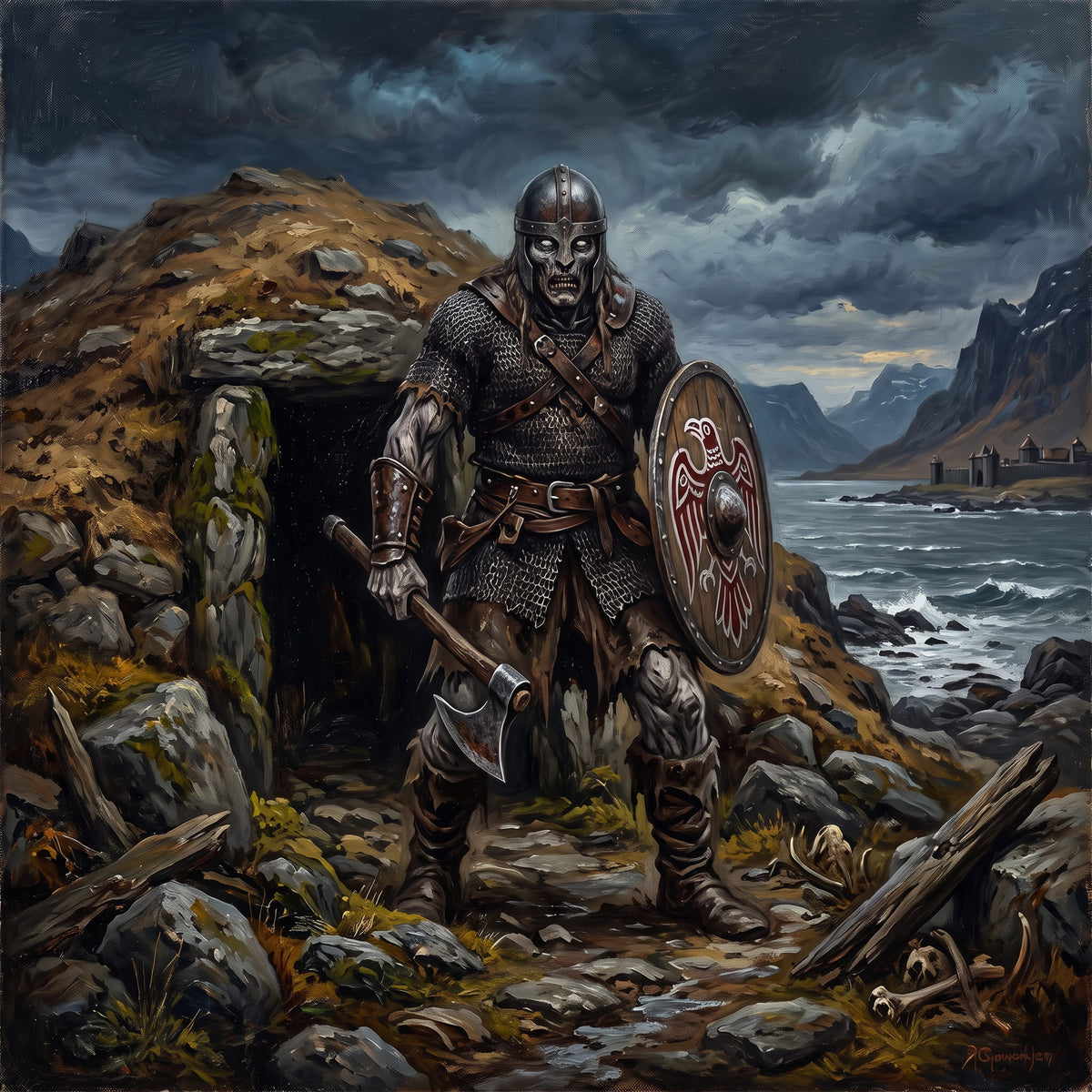 Undead draugr warrior, emerging from a burial mound.