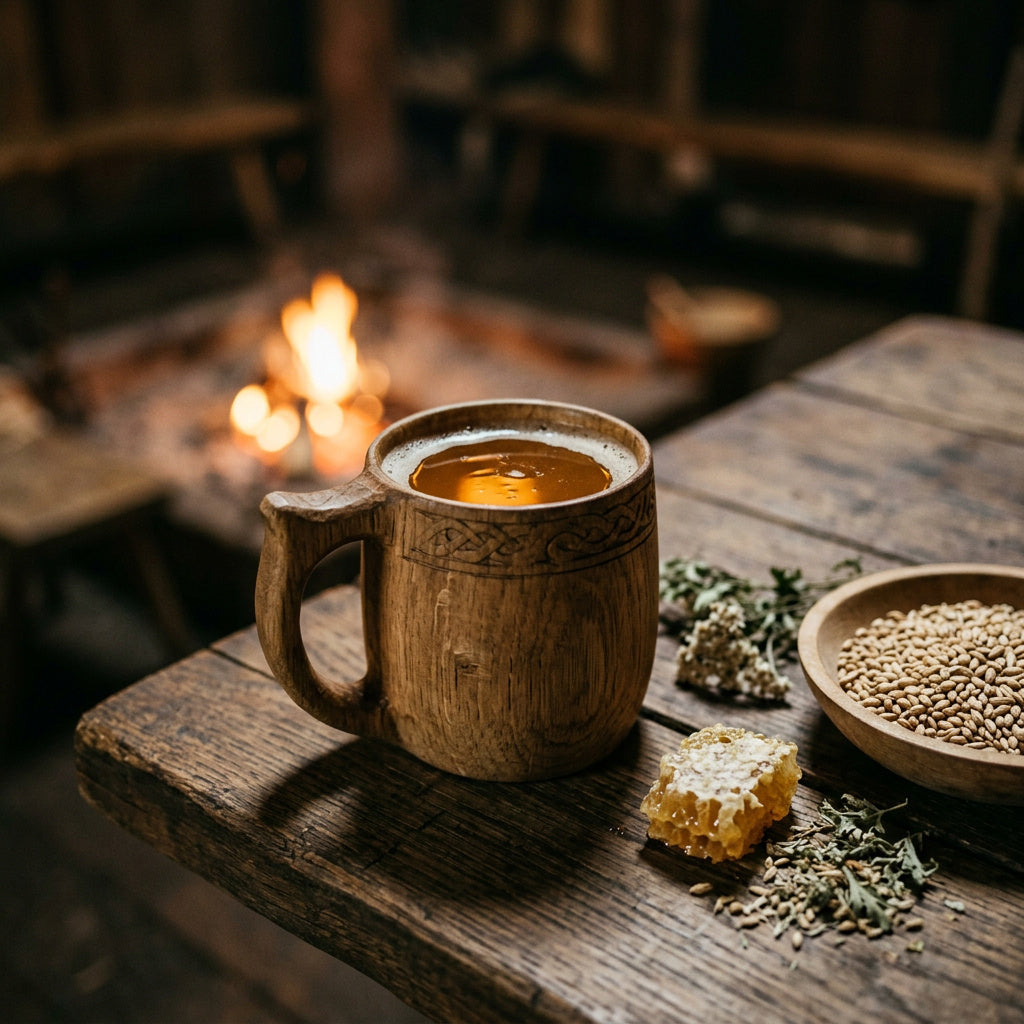 Mead in Wooden Mug with Brewing Ingredients Around it