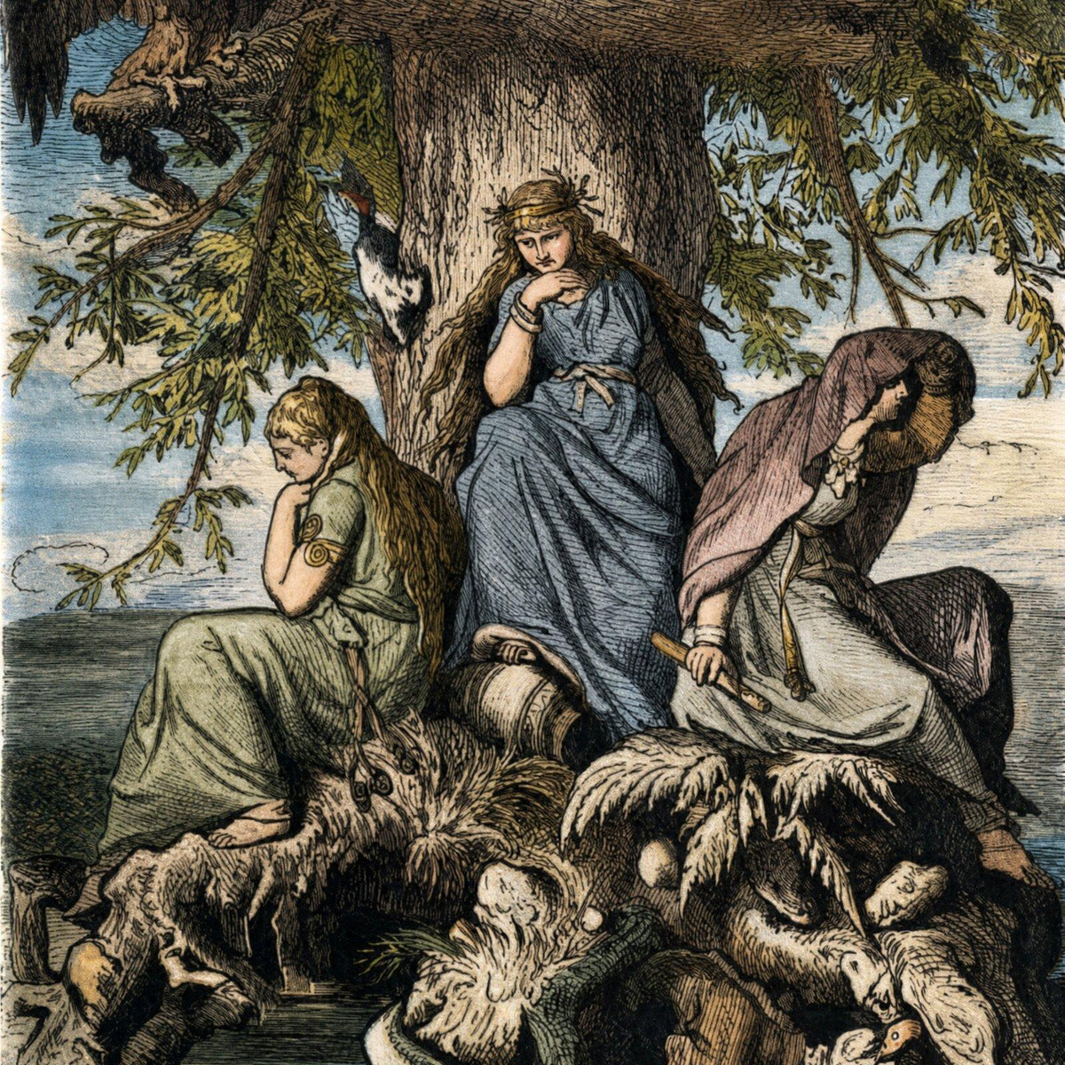 The Norns Urðr, Verðandi, and Skuld beneath Yggdrasil, the World Tree.