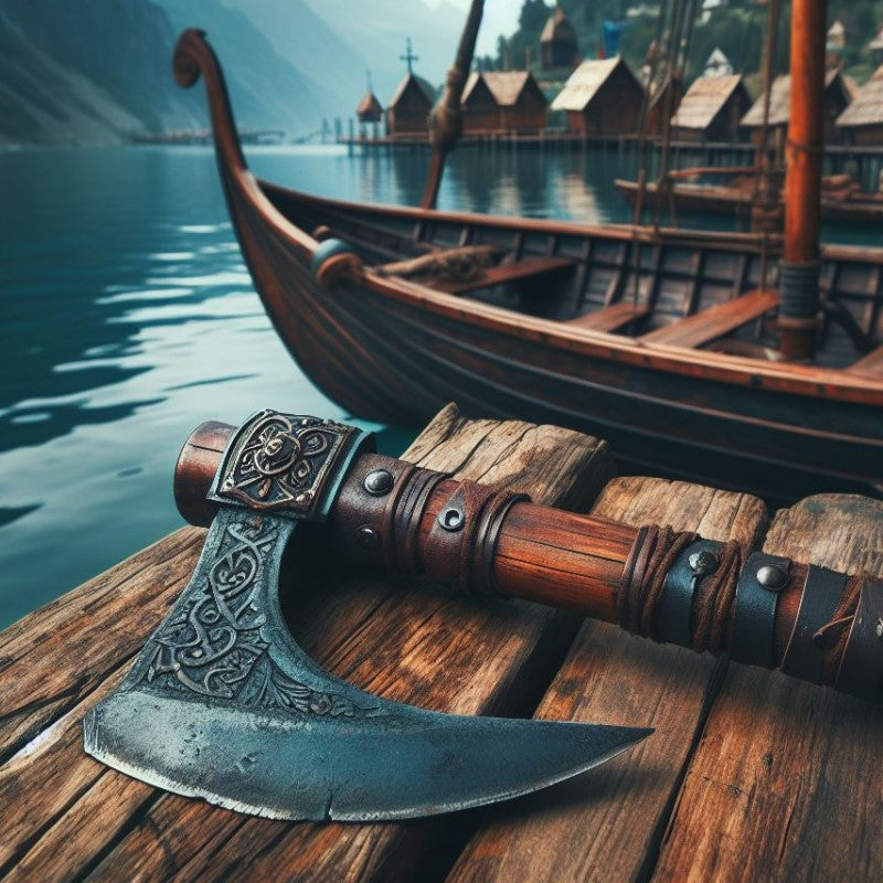 Viking axe next to a boat
